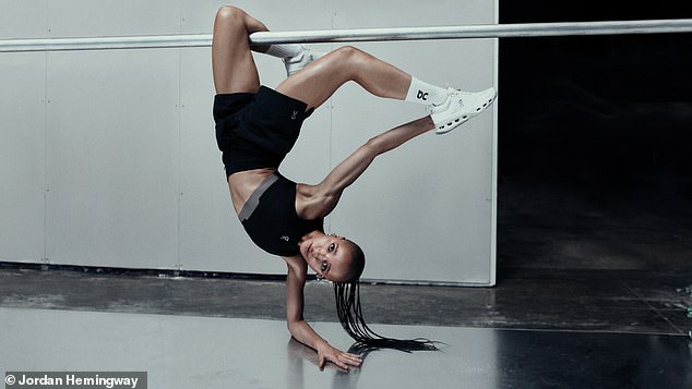 The singer, 36, donned black gym clothes and matching trainers from the Swiss company as she contorted her body for a series of stunning images.