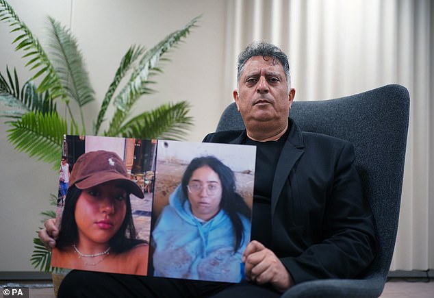 Eli Albag, Liri's father, shows two images, one of his daughter before the war and another of her in captivity in Hamas.