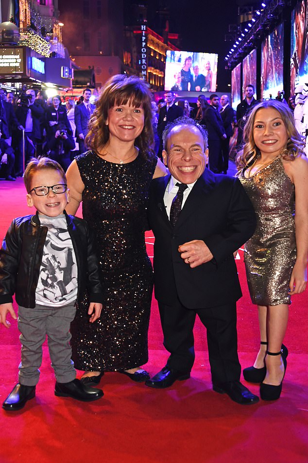 Warwick Davis and his wife Samantha are pictured with their children at the European premiere of Star Wars: The Force Awakens in London in December 2015.