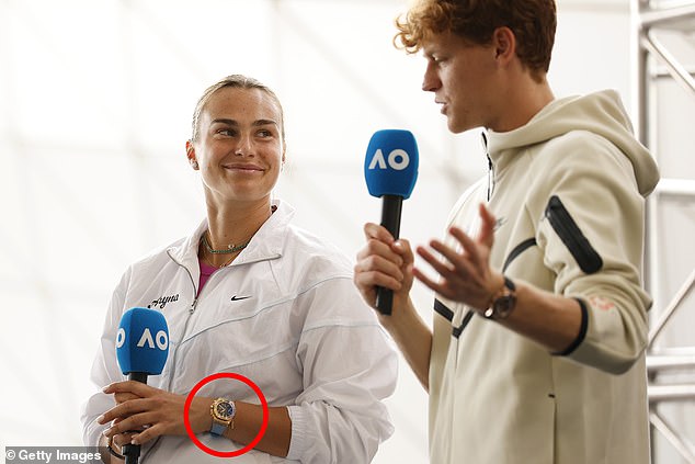 Sabalenka, 26, is chasing her third consecutive Australian Open title and has been sporting a watch worth $230,000 this week (pictured left, circled in red).