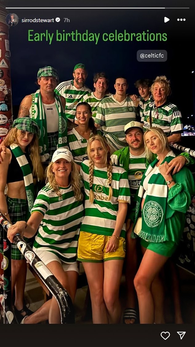 Rod posted a pre-80th birthday photo with his family on Sunday (pictured, top right: Sean Stewart, Adam Sumner, Renee Stewart, Jake Kalic, Alastair Wallace Stewart, Aiden Patrick Stewart, Sir Rod; bottom left From right: Julia Stambler, Penny Lancaster, Ruby Stewart, Liam Stewart, Nicole Artukovich)