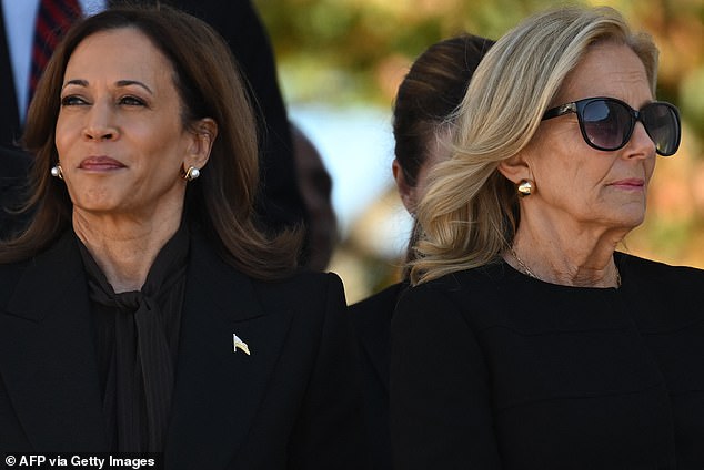 Jill went all-out Frosty the Snow Witch at a Veterans Day event at Arlington National Cemetery in November, staring straight ahead with dark glasses and blatantly ignoring the Veep and her Creep.