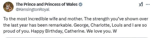 In an unusually personal message, William praised his wife's strength and added that he, George, Charlotte and Louis were 