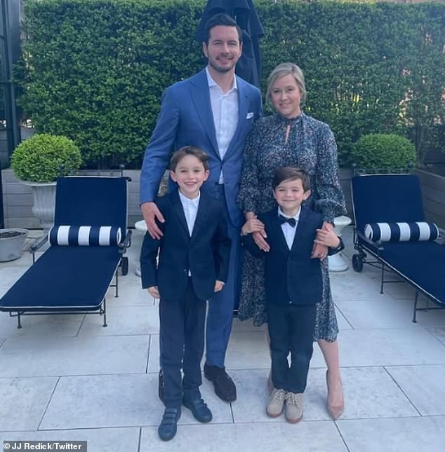 Redick pictured with his wife Chelsea and two sons Knox and Kai in June 2022