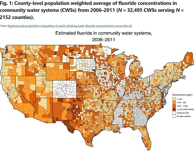 The above shows the most recently known fluoride levels in U.S. county water systems.