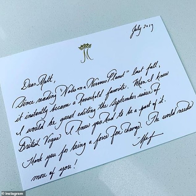 Fans got a glimpse of Meghan's writing in 2019, when author Matt Haig shared a thank-you note he received from her after she included his poem in her guest-edited Vogue issue