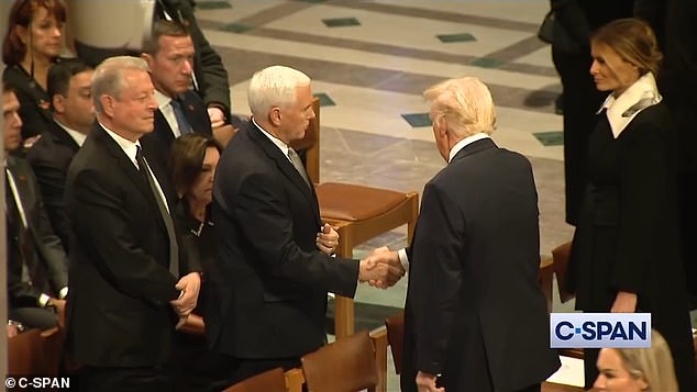 Mike Pence shook hands with Donald Trump after former Vice President Al Gore did the same, marking their first interaction since becoming vice president and president in 2021. They had a major falling out after the January 6 attack on the Capitol