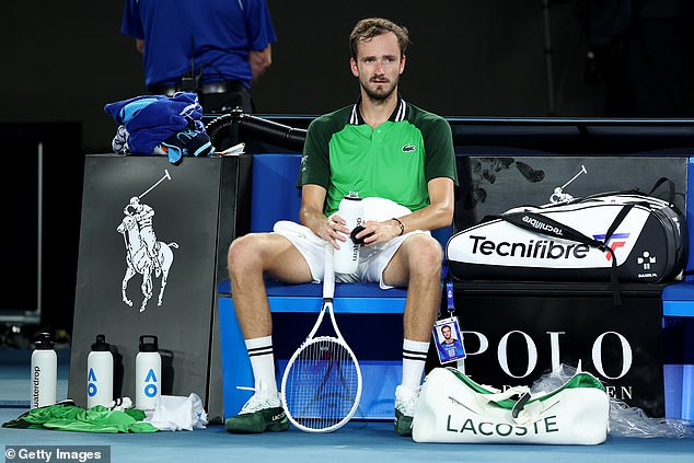 Medvedev is pictured after his crushing loss to Jannik Sinner in last year's men's singles final in Melbourne, the second time he has lost the crown despite winning the first two sets.