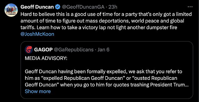 Duncan's response to his expulsion from the state's Republican party