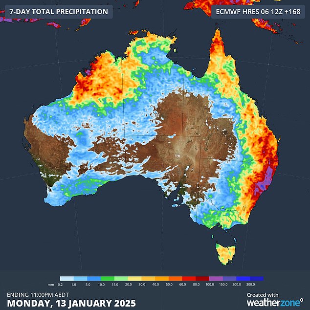 The forecast map reveals heavy rain is expected in eastern New South Wales, southeastern Qld and the Kimberley region of WA over the next seven days.