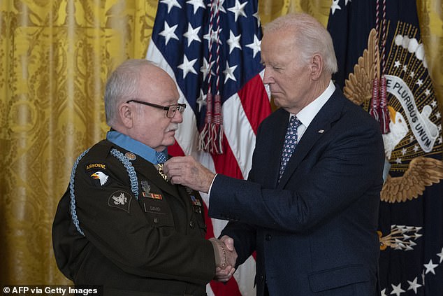 The bruise was still visible during a Medal of Honor ceremony that Biden hosted. Here, Private First Class Kenneth J. David receives the Medal of Honor