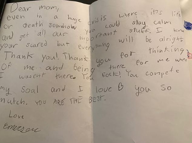 In the heartbreaking letter, her youngest son, Emerson, 10, sweetly thanked his mother for keeping the family calm. 