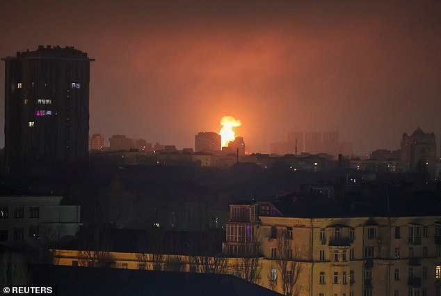 The explosion of a drone after hitting an apartment building is seen in the sky during a Russian drone strike, amid Russia's attack on Ukraine, in kyiv, Ukraine, January 10, 2025.