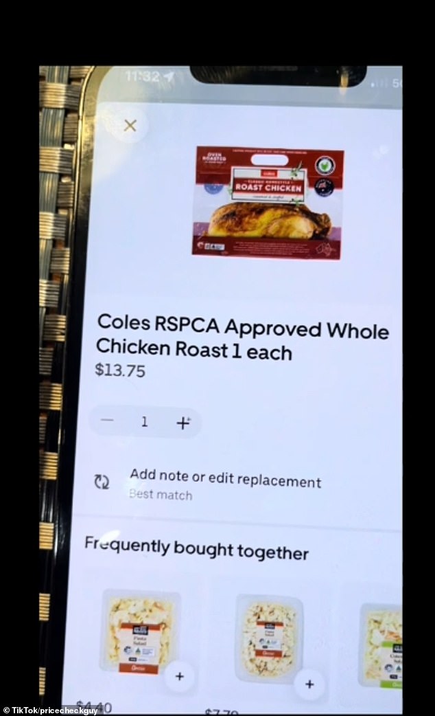 Even though the same Coles brand roast chicken was ordered from the same store and same location, the price varied between $12.52 and $14.98 between accounts (pictured)