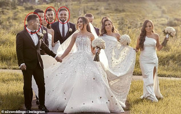 Above is Hawell's wedding party in April 2022, just 36 days after the rapes. Among those in attendance were his fellow gang rapists, his brother Marius (circled, center) and Andrew David (circled, back).