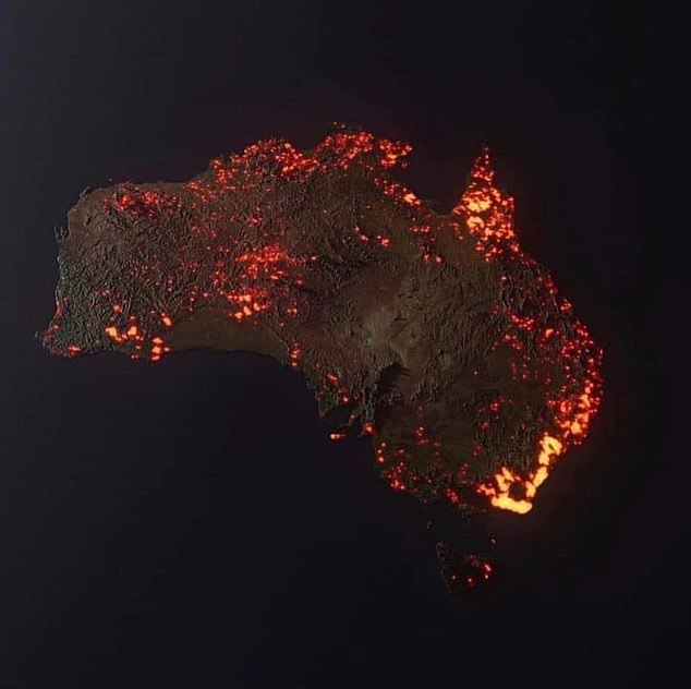 A composite made from NASA satellite images showed where wildfires ravaged the nation between December 5, 2019 and January 5, 2020.