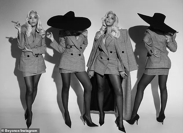 Beyoncé gave her look added sophistication by throwing a matching coat over her shoulders and posing in a wide-brimmed black hat.